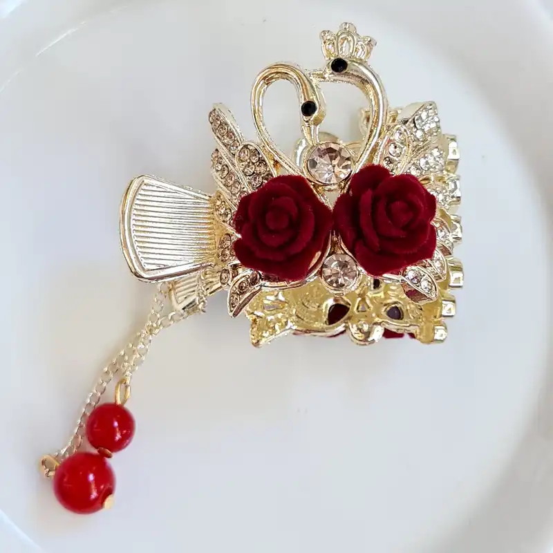 کلیپس مو زنانه مدل سامورایی دم اسبی آویزدار گل رز کد brg 730