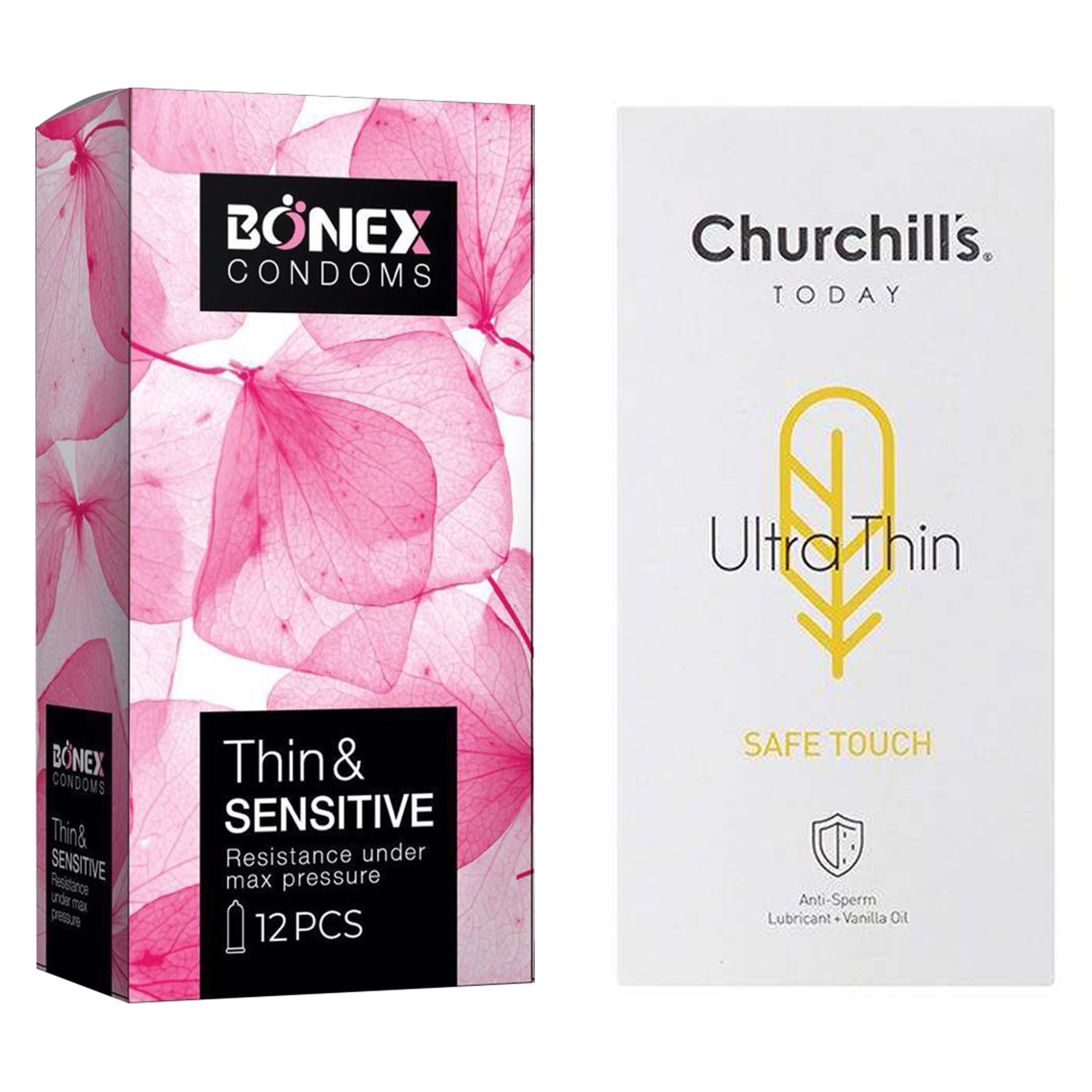 کاندوم چرچیلز مدل Safe Touch بسته 12 عددی به همراه کاندوم بونکس مدل Thin & Sensitive بسته 12 عددی 