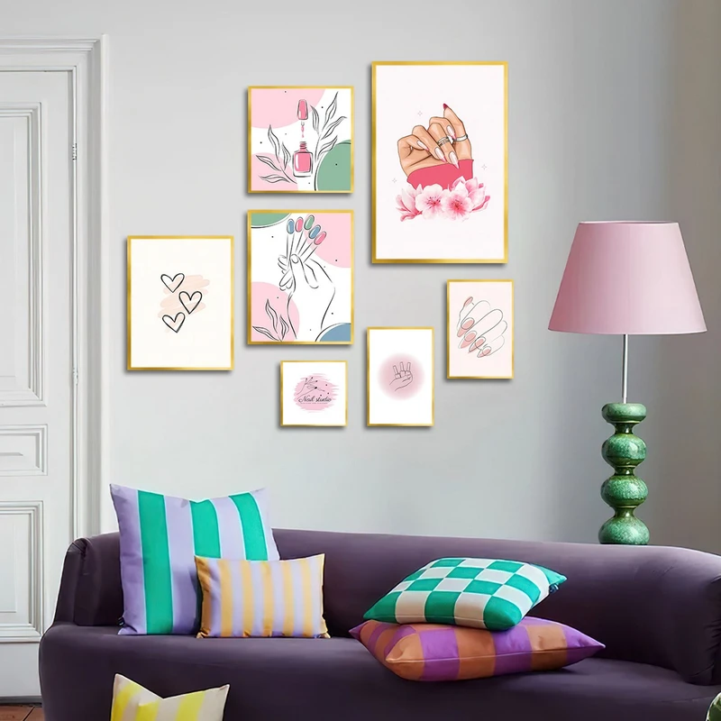 تابلو ساده بکلیت طرح کاشت ناخن و زیبایی مدل شاین اکلیلی T-3079 فریم طلایی مجموعه 7 عددی