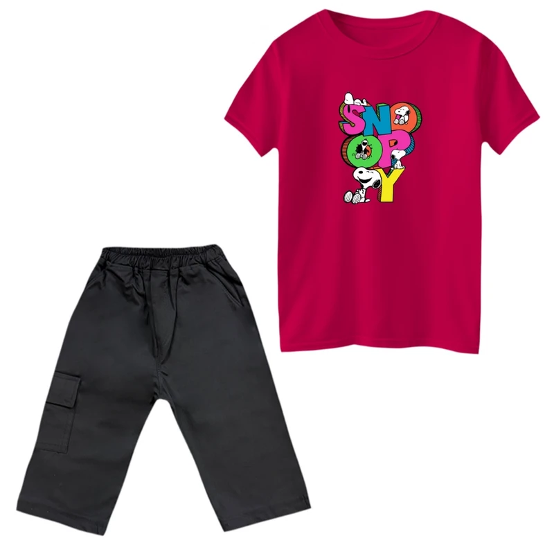 ست تی‌شرت و شلوارک پسرانه مدل اسنوپی رنگ سرخابی 