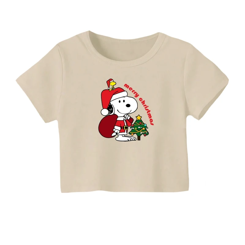 کراپ‌ تی‌شرت آستین کوتاه زنانه مدل اسنوپی کریسمس کد 9