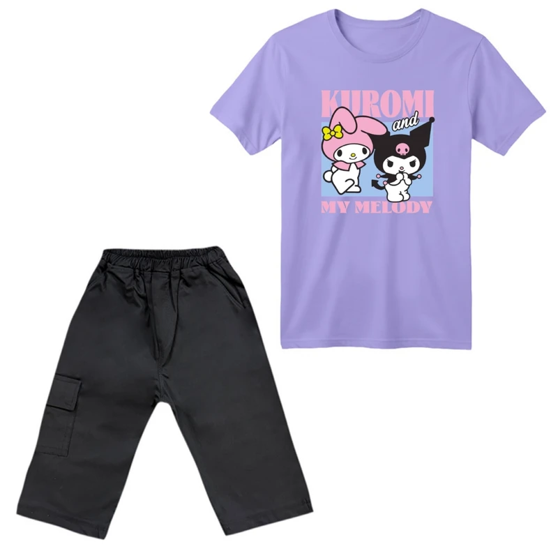 ست تی‌شرت آستین کوتاه و شلوارک دخترانه مدل کرومی و ملودی