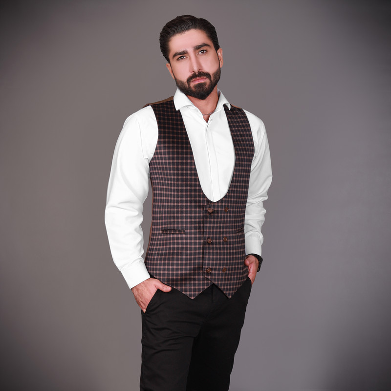جلیقه مردانه مدل مخمل چهارخانه رنگ نسکافه ای