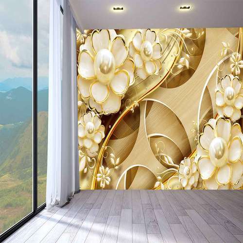 پوستر دیواری سه بعدی مدل گل مرواریدی سفید لبه طلایی زمینه هندسی DVRF2316