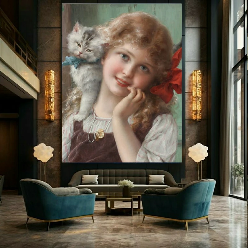 پوستر دیواری طرح فرانسوی اثر امیل ورنون دخترک زیبا‌ و گربه کد AR304277