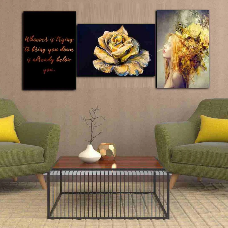 تابلو شاسی بکلیت طرح چهره و گل طلایی مدل SH-240 مجموعه 3 عددی