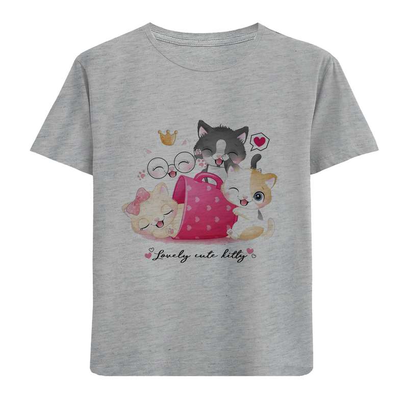 تی شرت آستین کوتاه دخترانه مدل گربه و لیوان D142