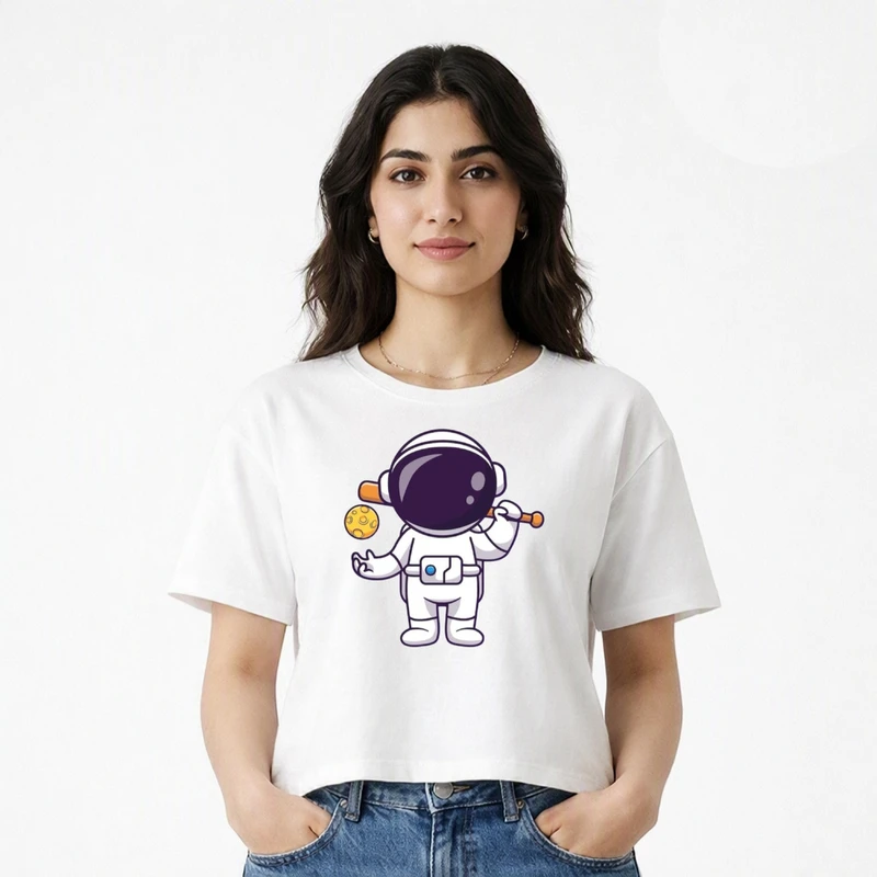 کراپ تی شرت آستین کوتاه زنانه طرح فضانورد کد v4