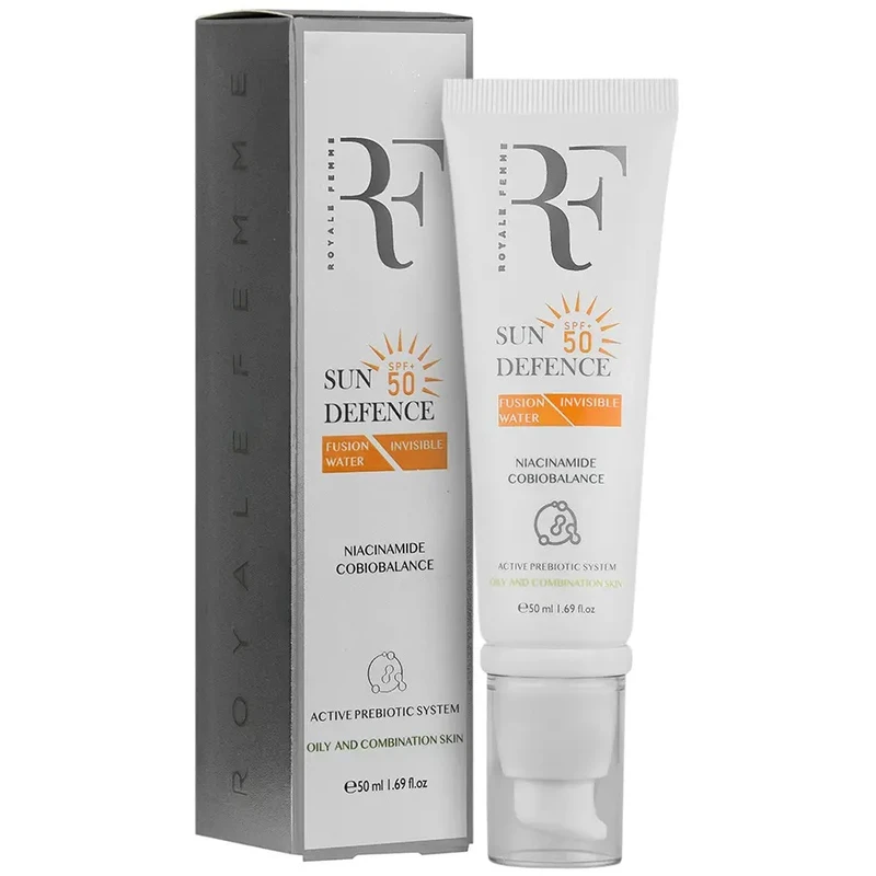 کرم ضد آفتاب بدون رنگ آر.اف رویال فم SPF50 مدل   Fusion water  مناسب برای پوست چرب و مختلط حجم 50 میلی لیتر