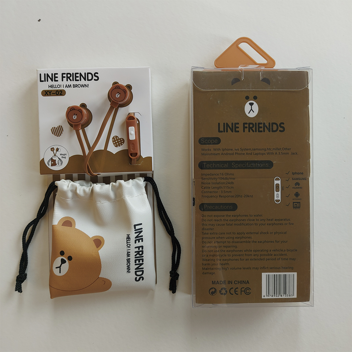 هندزفری طرح فانتزی خرس مدل Line-Friends-XY-02 به همراه کیف هندزفری