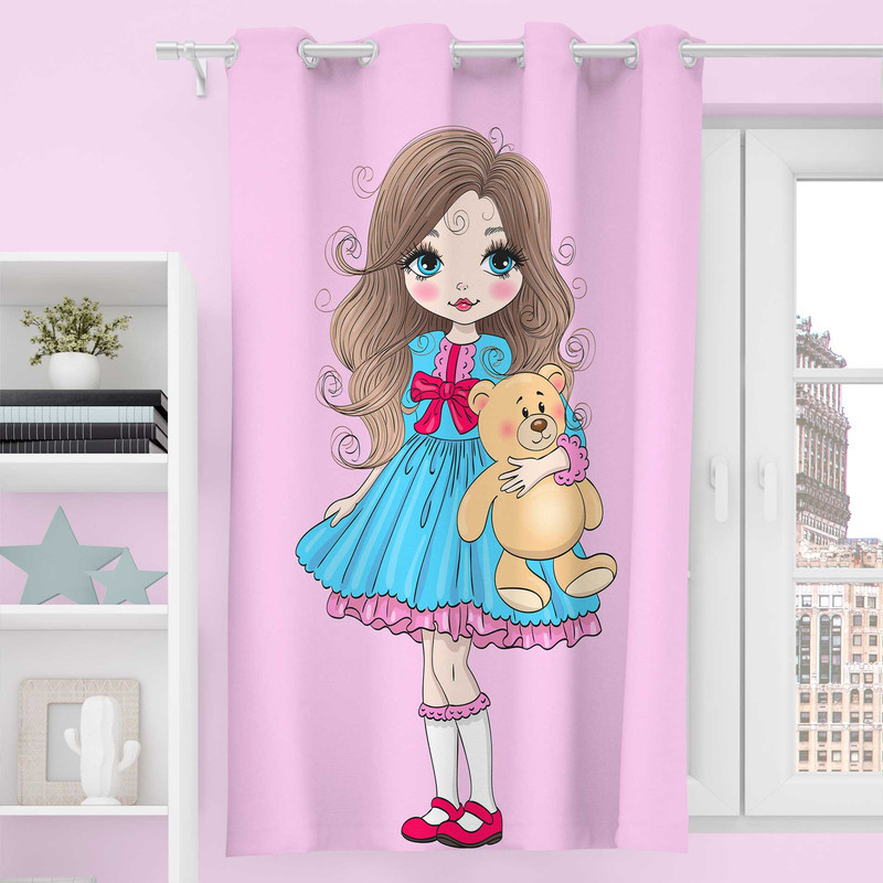 پرده مدل مخمل پانچی طرح دختر و عروسک کد 8065 سایز 190x140 سانتی متر