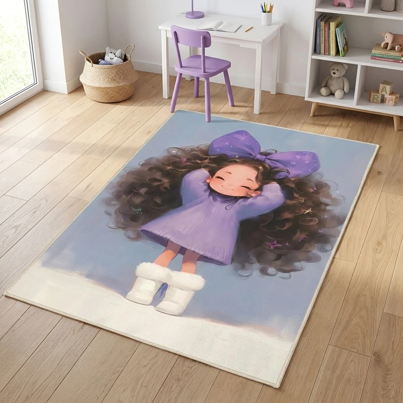 فرش ماشینی 1000 شانه زمینه طوسی حاشیه بنفش مدل اورکوم طرح اتاق کودک کد kids.9022.1