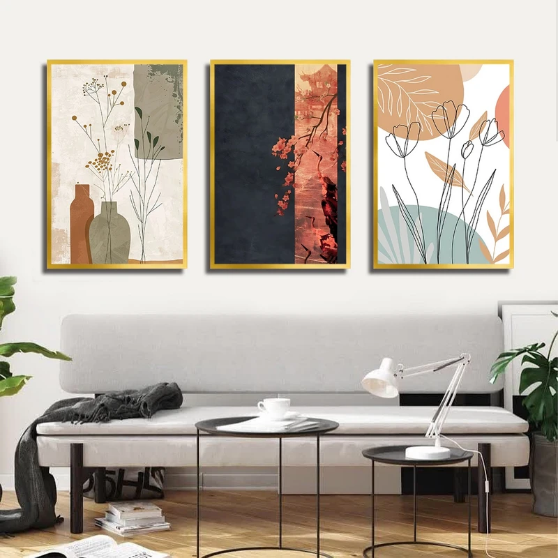 تابلو بکلیت طرح نقاشی مینیمال گل و گلدان مدل T-3105 مجموعه 3 عددی