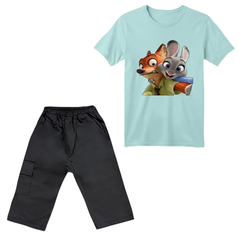 ست تی‌شرت آستین کوتاه و شلوارک پسرانه مدل زوتوپیا رنگ آبی روشن