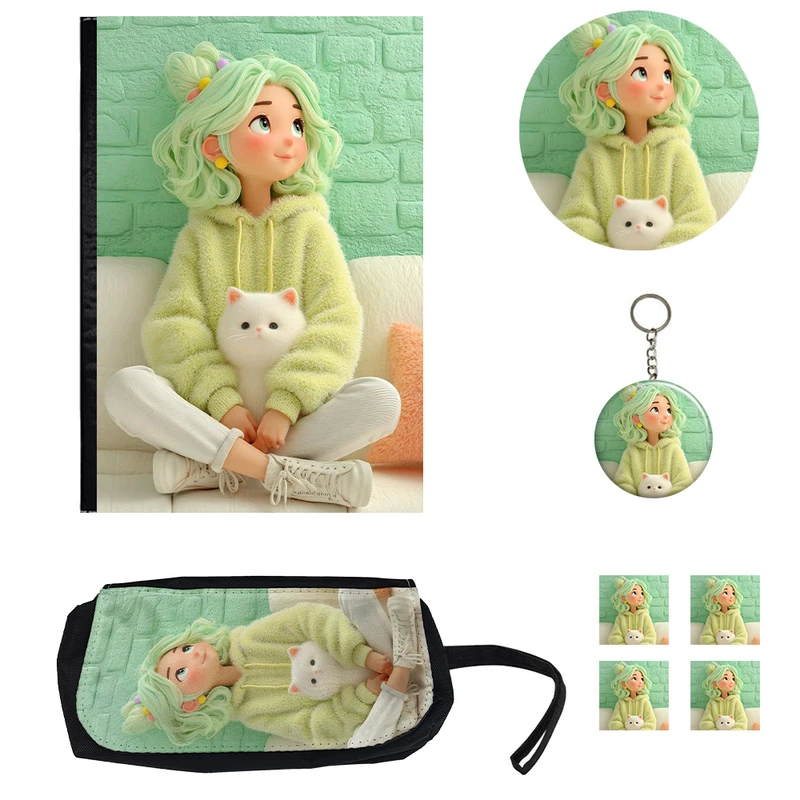 بسته لوازم تحریر مدل دختر و گربه ملوس شامل کلاسور فانتزی کد۱ مجموعه 8 عددی