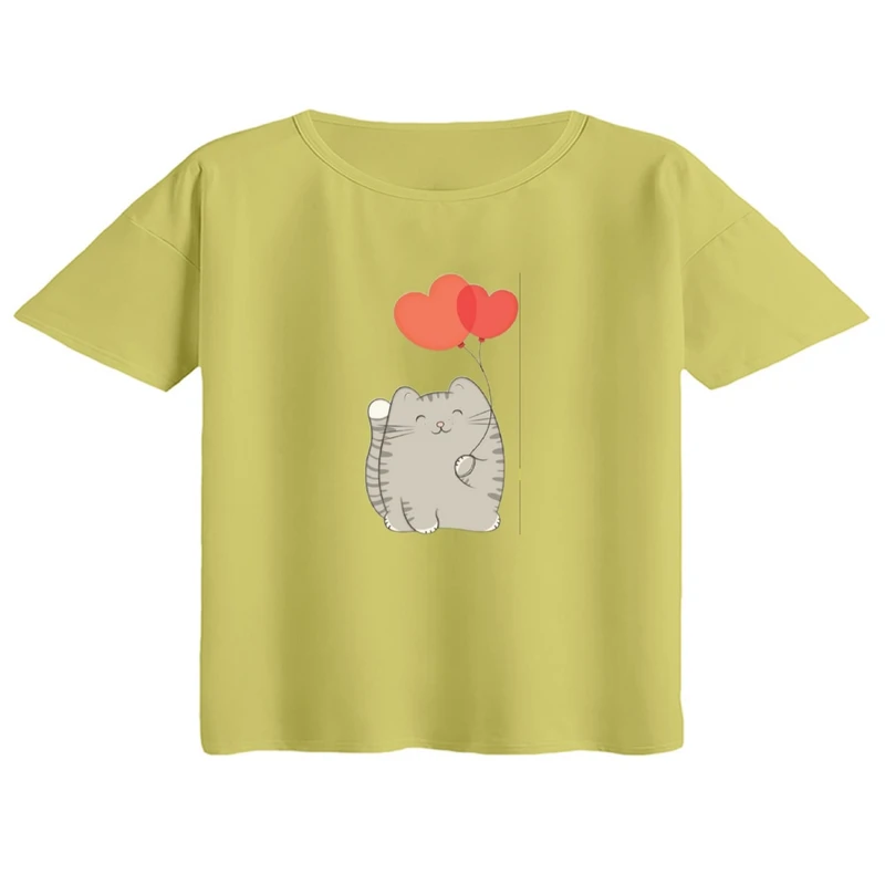 کراپ تی‌شرت آستین کوتاه زنانه مدل گربه و بادکنک قلبی