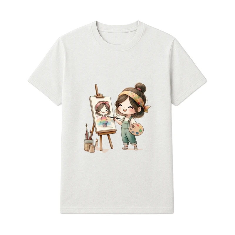تی‌شرت آستین کوتاه راحتی دخترانه مدل دخترک نقاش