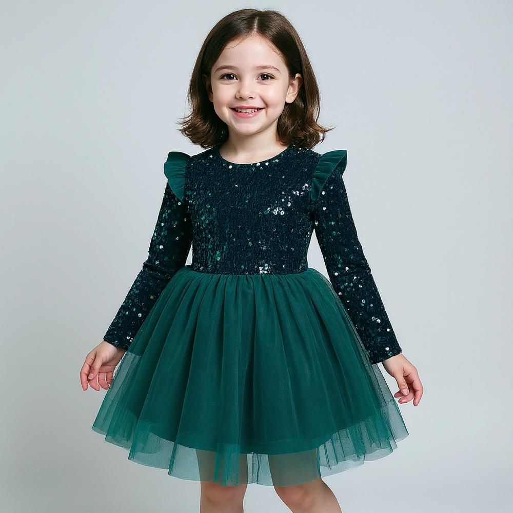 پیراهن دخترانه مدل مجلسی مهمانی آستین دار رنگ سبز - - 3