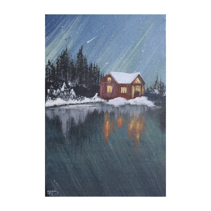 تابلو نقاشی اکریلیک مدل کلبه برفی