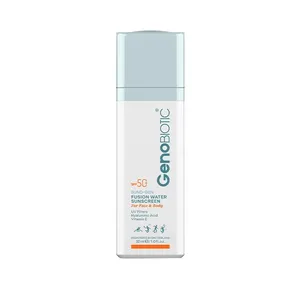 کرم ضدآفتاب بی‌رنگ ژنوبایوتیک، مدل Fusion water، حاوی محافظ UVA ،UVB، ضدآب، فاقد چربی، بدون پارابن، حاوی ویتامین E و هیالورونیک اسید مناسب انواع پوست، حجم 30 میلی‌لیتر