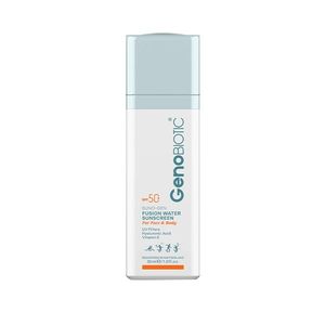 کرم ضدآفتاب بی‌رنگ ژنوبایوتیک، مدل Fusion water، حاوی محافظ UVA ،UVB، ضدآب، فاقد چربی، بدون پارابن، حاوی ویتامین E و هیالورونیک اسید مناسب انواع پوست، حجم 30 میلی‌لیتر