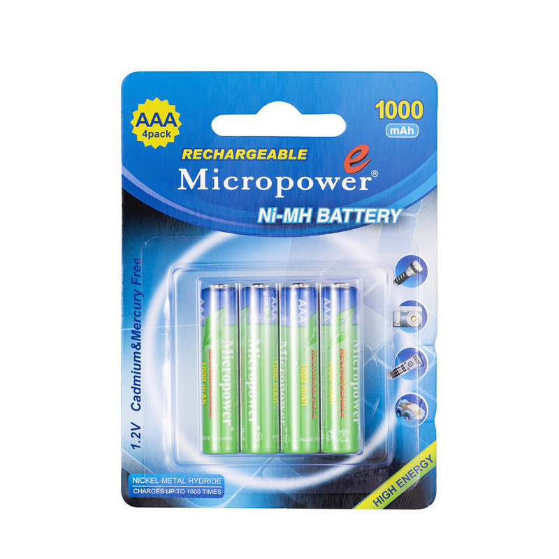 باتری نیم قلمی قابل شارژ میکروپاور مدل NiMH 1000 بسته 4 عددی