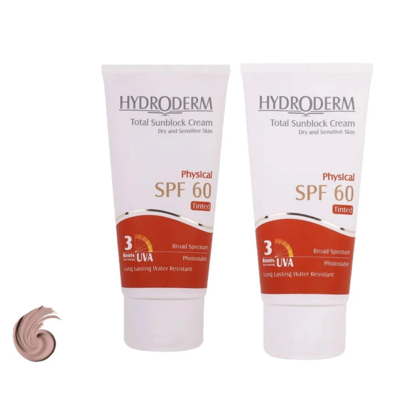 کرم ضد آفتاب رنگی صورت هیدرودرم SPF60 مدل Total محافظ کننده در برابر اشعه UVA و UVB مناسب برای پوست حساس، خشک حجم ۵۰ میلی لیتر مجموعه دو عددی