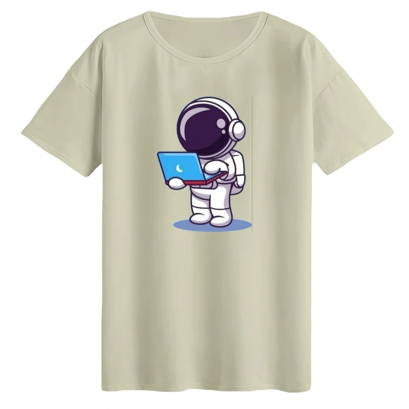 تی‌شرت لانگ آستین کوتاه زنانه مدل فضانورد و لپ تاپ رنگ کرم