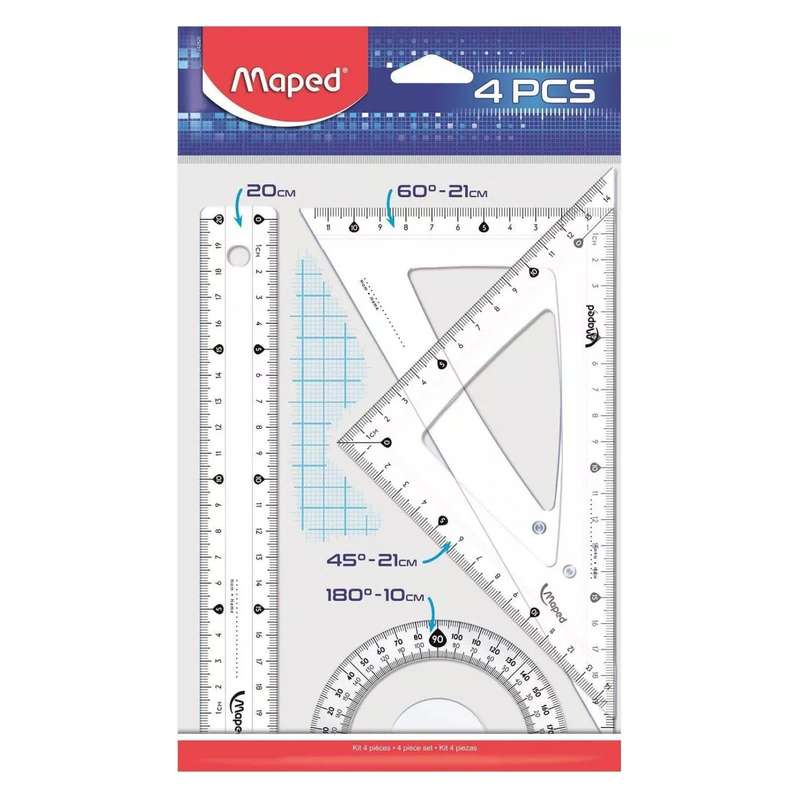 ست خط کش گونیا و نقاله مپد مدل کریستال کد 21cm بسته 4 عددی