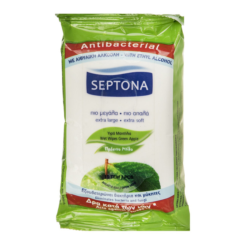 دستمال مرطوب آنتی باکتریال سپتونا مدل Green Apple بسته 15 عددی