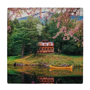 زیر لیوانی  طرح کلبه جنگلی و شکوفه های بهاری کد    6147639_5398