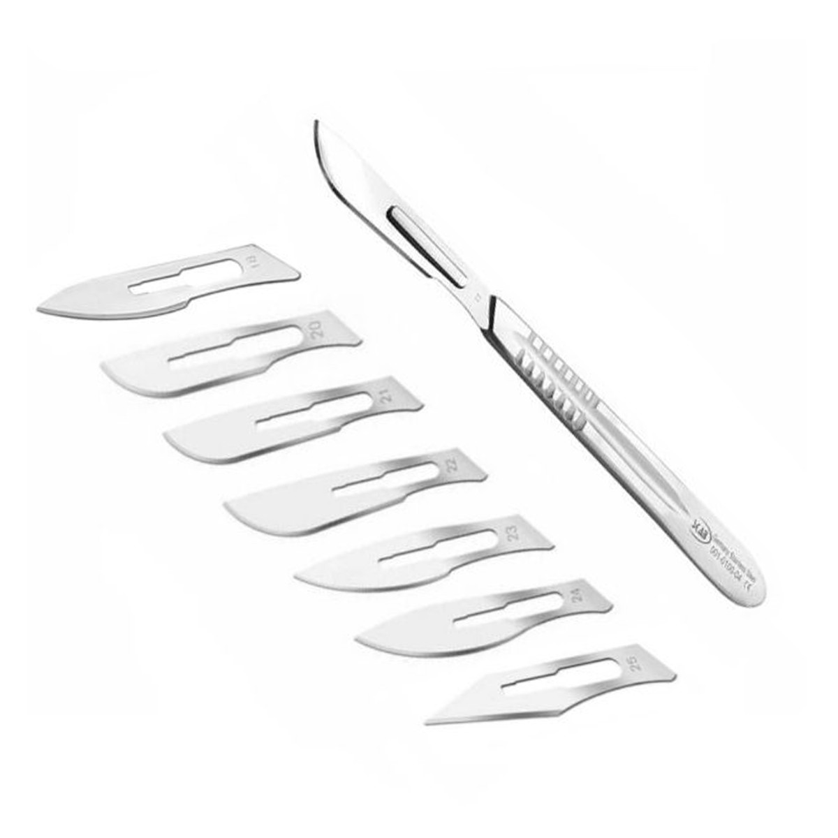 دسته تیغ جراحی مدل SKJQWRT002369 شماره 4 به همراه تیغ استریل هاینز مدل SKJHP002364 مجموعه 7 عددی