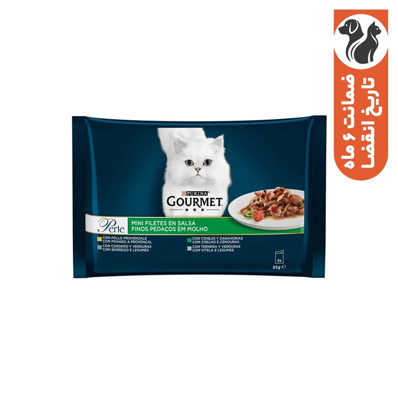 پوچ گربه بالغ گورمت مدل Perle Mini Fillets in Sauce با طعم گوشت در سس وزن 85 گرم بسته 4 عددی