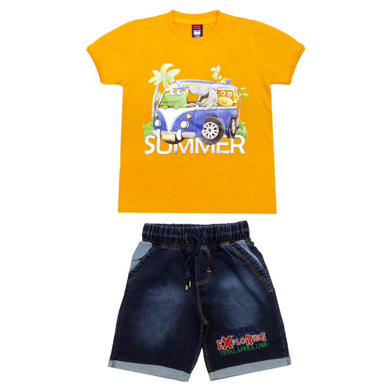 ست تی شرت و شلوارک پسرانه مدل فولکس حیوانات رنگ زرد