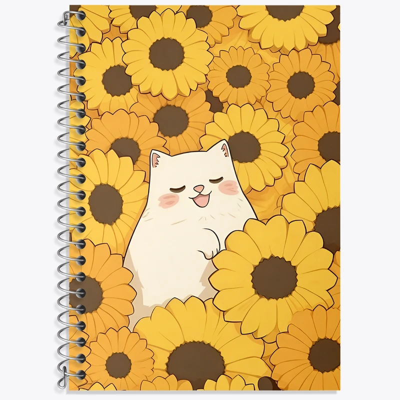 دفتر زبان 50 برگ خندالو مدل دو خط طرح گربه و گل آفتابگردان کد N2988