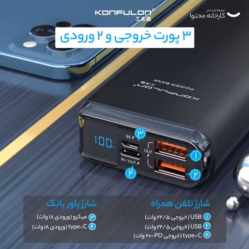 پاوربانک کانفلون مدل A7Q ظرفیت 20000 میلی آمپر ساعت