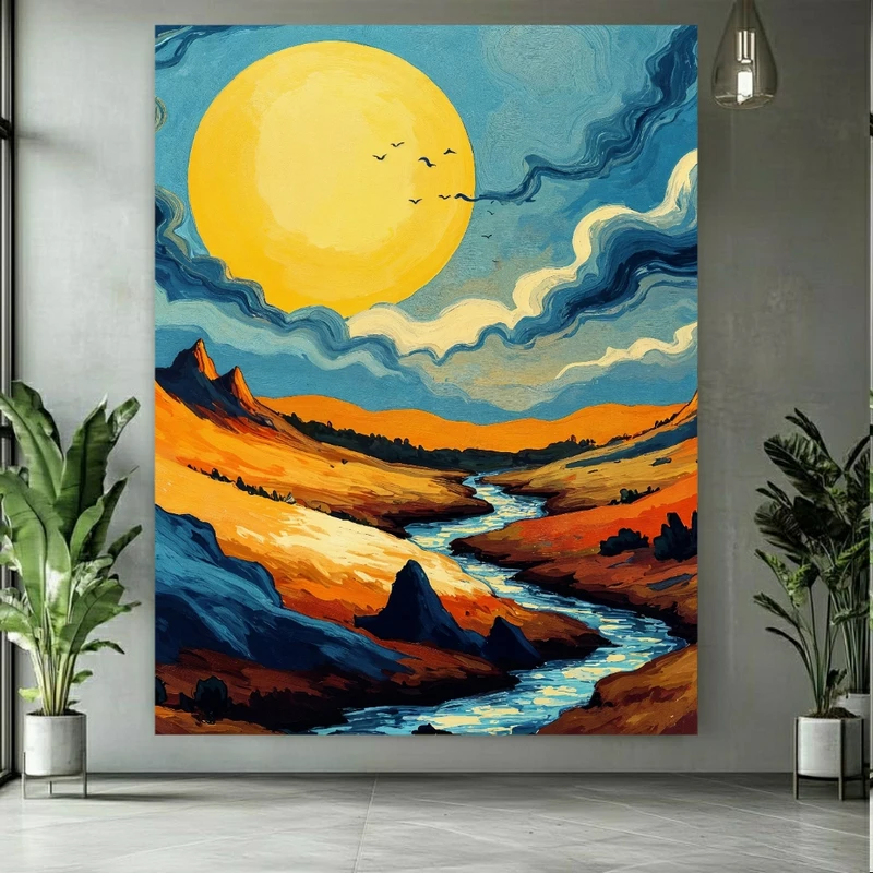 پوستر پارچه ای طرح مخمل  نقاشی منظره مدل رودخانه میان تپه‌ها کد PY761