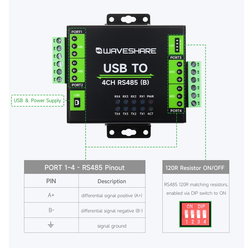 مبدل صنعتی USB به سریال ویوشیر مدل USB TO 4CH RS485 (B)