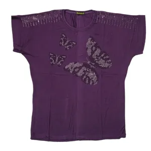 تی شرت آستین کوتاه زنانه مدل نگین دار طرح پروانه کد PUR4654