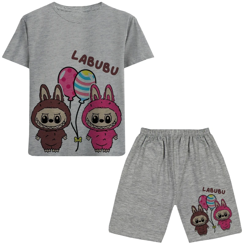 ست تی شرت آستین کوتاه و شلوارک راحتی دخترانه  مدل LABUBU A76