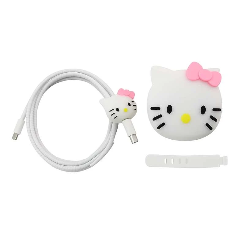 محافظ شارژر دیواری طرح هلوکیتی به همراه محافظ کابل مجموعه 4 عددی