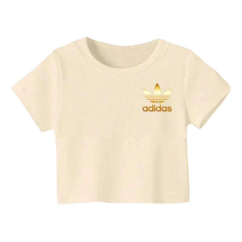 کراپ‌ تی‌شرت آستین کوتاه زنانه مدل لوگو کد 01 رنگ کرم