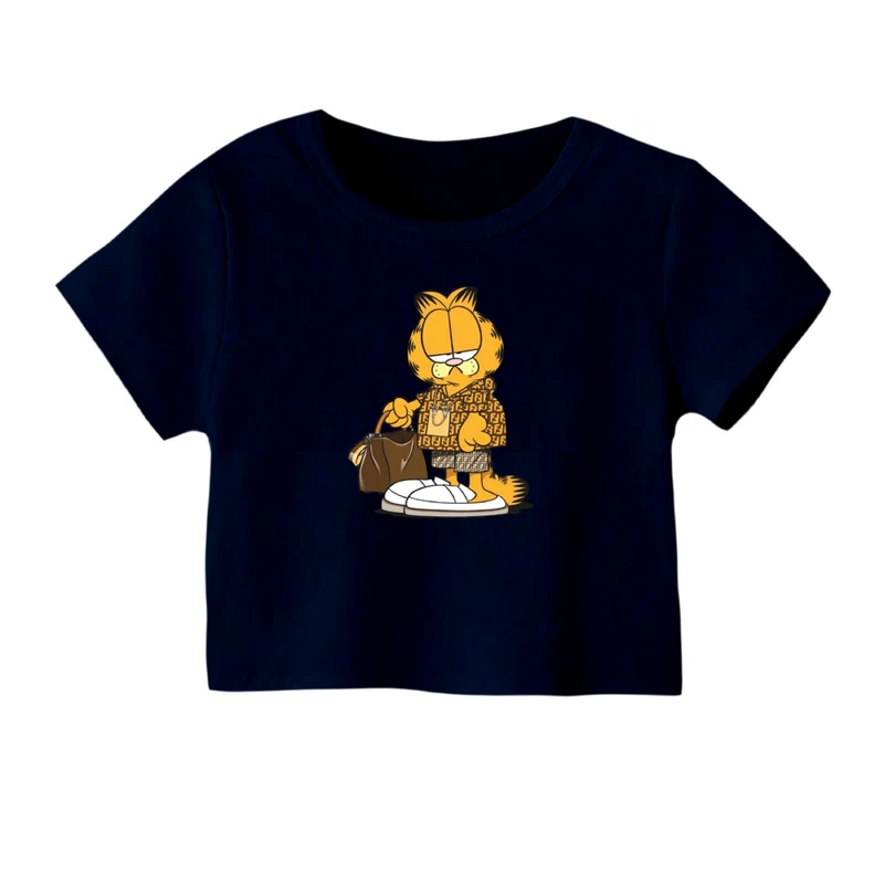 کراپ‌ تی‌شرت آستین کوتاه زنانه مدل گارفیلد مارک پوش رنگ سرمه ای