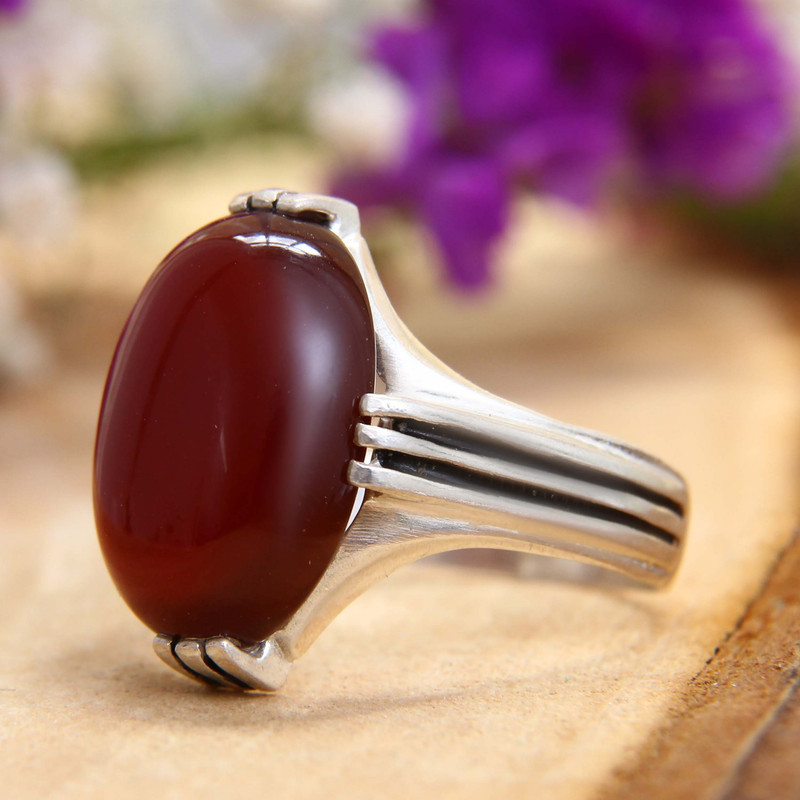 انگشتر نقره مردانه بازرگانی میلادی مدل عقیق سرخ رکاب 4 چنگ سیلندری کد AM_194