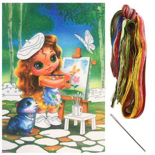 بسته گلدوزی مدل دختر نقاش و پروانه کد 41 مجموعه 3 عددی