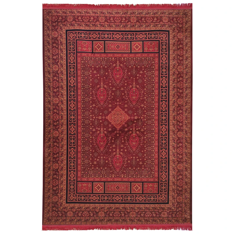 فرش ماشینی 700شانه زمرد مشهد زمینه لاکی حاشیه سورمه ای طرح کهنه نما