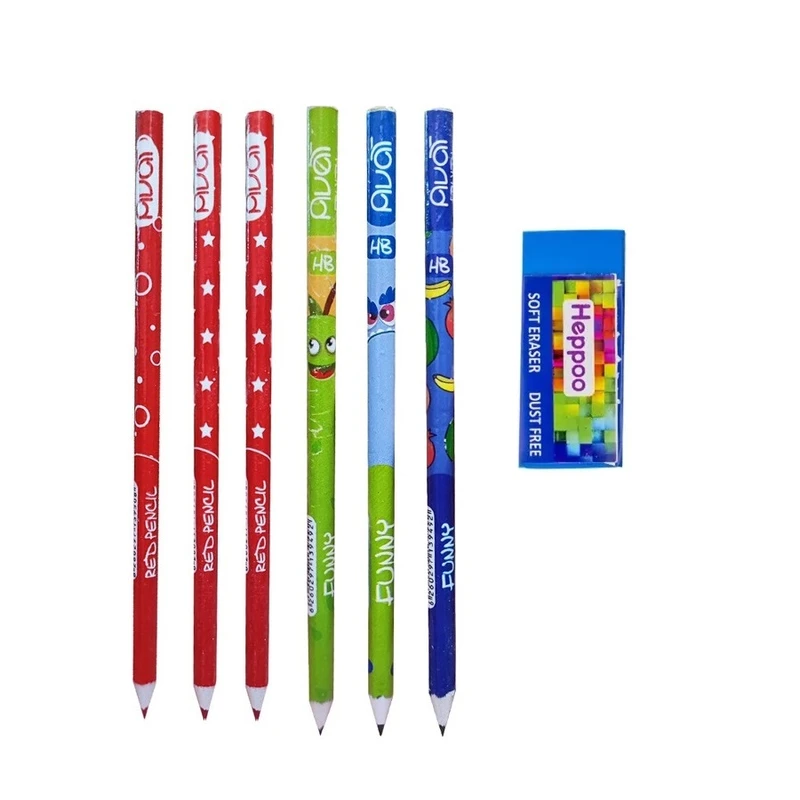 مداد مشکی آوات مدل GR68 به همراه مداد قرمز و پاک کن مجموعه 7 عددی