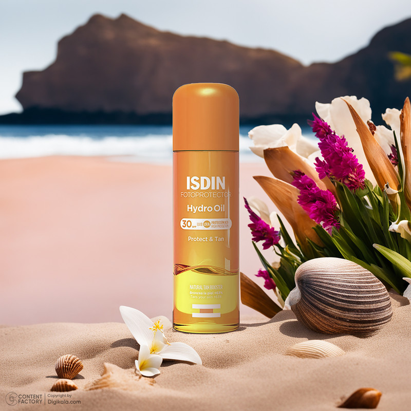 اسپری ضد آفتاب بدون رنگ ایزدین SPF 30 مدل هیدرو اویل مناسب برای انواع پوست حجم 200 میلی‌لیتر