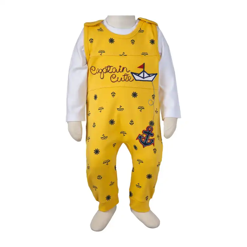 ست تی شرت آستین بلند و سرهمی پیشبندی نوزادی آدمک مدل کاپیتان لیمویی