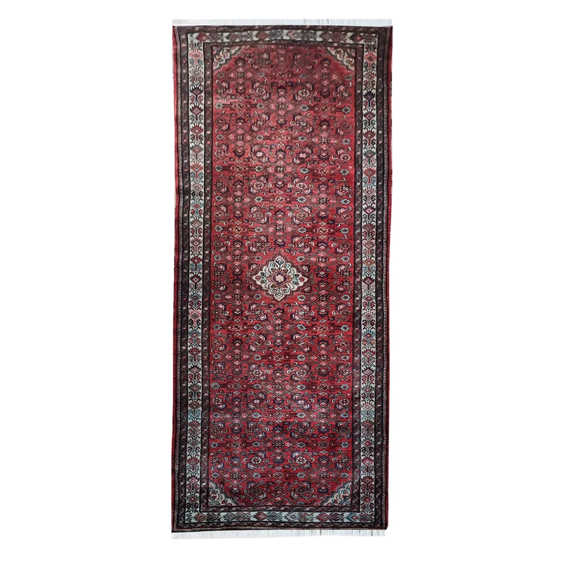 فرش قدیمی دستبافت کناره طول سه و نیم متر طرح حسین آباد کد 219